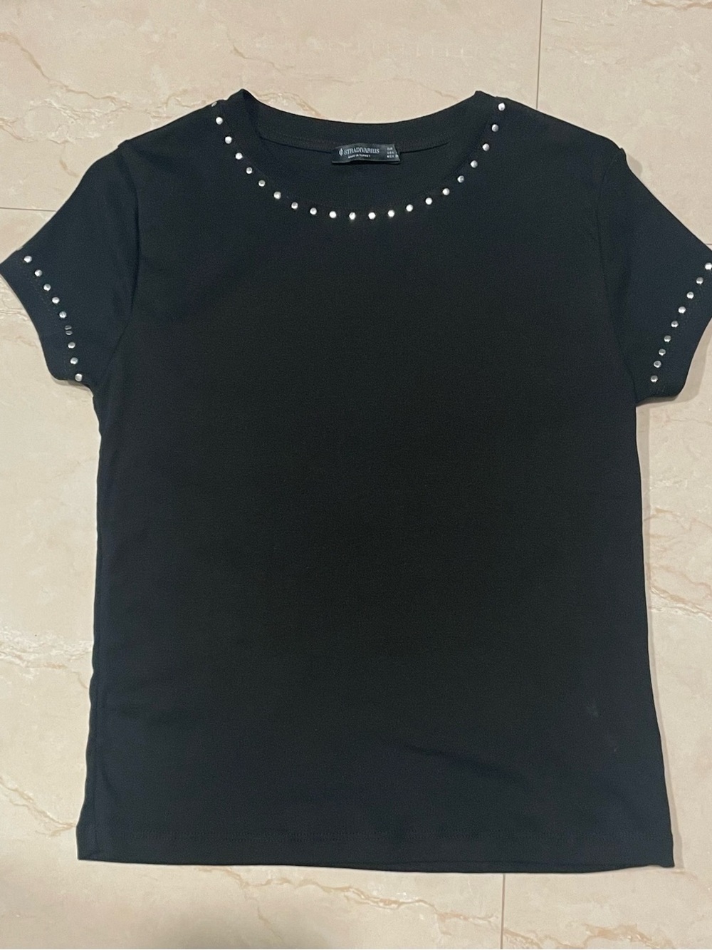 stradivarius Black Short Sleeve Top with Silver Stud Detail